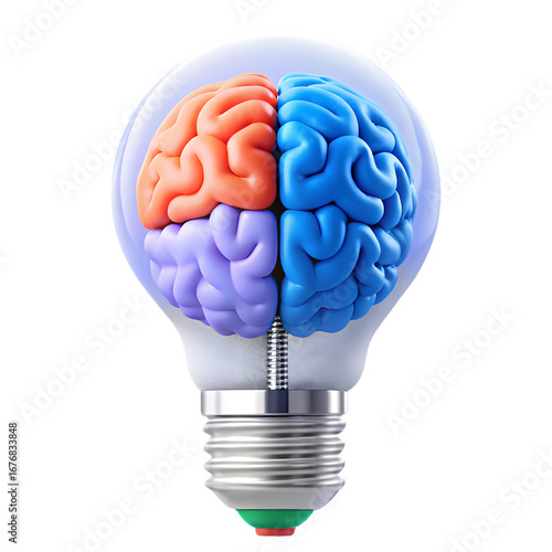 Four Color Brain Lobes Red Blue Purple and Green Inside a Lightbulb on Black idea concept PNG file download