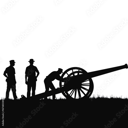 Soldiers loading cannon in silhouette artillery military