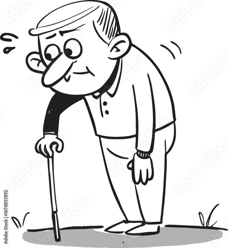 Cartoon illustration of a senior man with a walking cane, showing age and fragility Perfect for medical, healthcare, and elderly care concepts