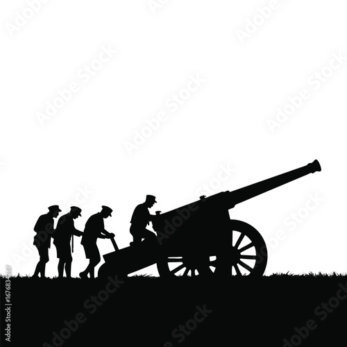 Soldiers operating a cannon in silhouette artillery