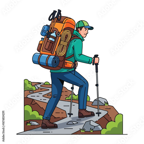 Adventurous Hiker Ascending Trail: An illustrated depiction of a lone hiker, laden with a heavy backpack, ascends a winding trail amidst a rugged, natural landscape.