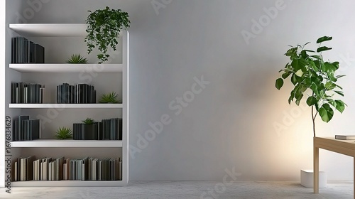 Minimalist white bookcase with neatly arranged books, green plants on top, wooden desk with lush foliage,succulent, soft gray wall background, cozy modern home office decor and stylish zoom background