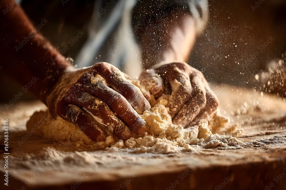 Hands kneading dough on wooden table, dust particles flying. Hands kneading dough on wooden table, dust particles flying.