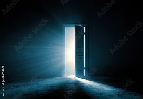 Open door, radiating light into dark room
