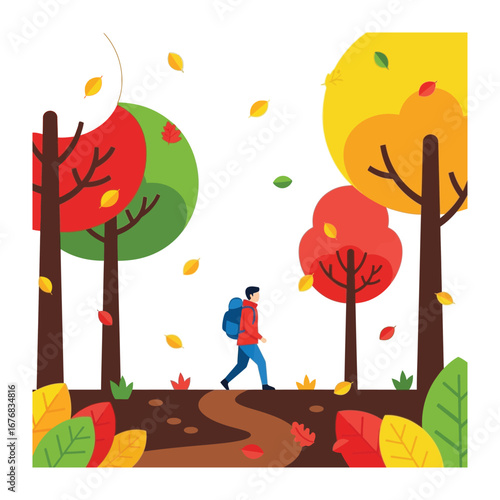 Autumn Path Illustration: A solitary traveler embarks on an autumn hike, strolling along a path amidst a vibrant display of fall foliage and trees.