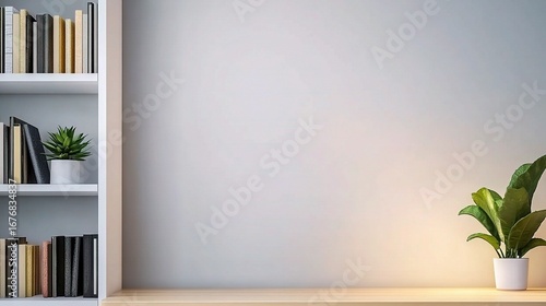 Minimalist white bookcase with neatly arranged books, green plants on top, wooden desk with lush foliage,succulent, soft gray wall background, cozy modern home office decor and stylish zoom background