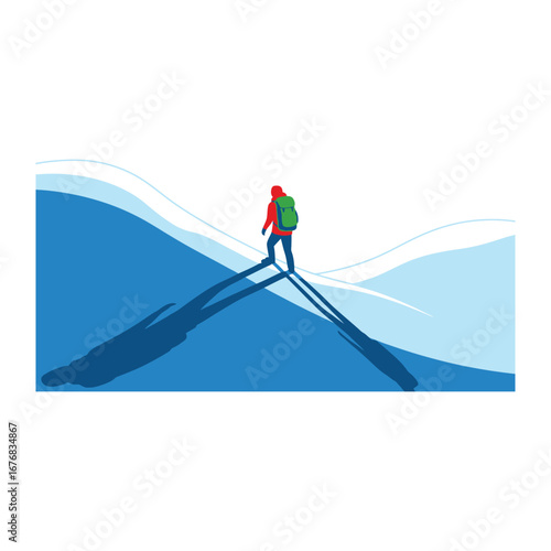 The Adventurer on Snowy Mountain: A solitary figure, a vibrant adventurer, makes their bold stride, traversing the snow-covered expanse of majestic mountain ridges, leaving long shadows.