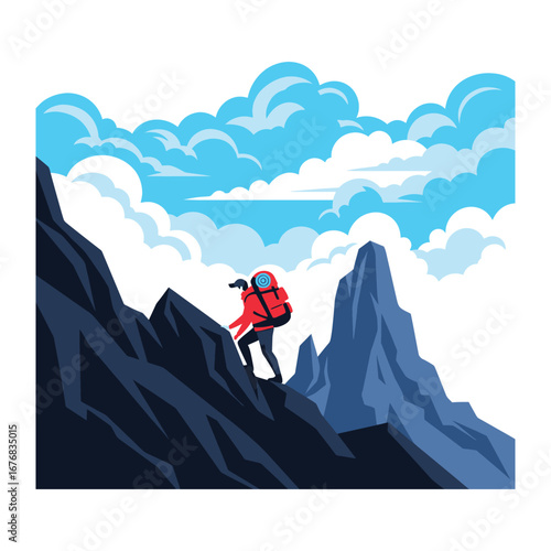 Photos Summit Conqueror: A determined mountaineer ascends a rugged mountain, facing challenges