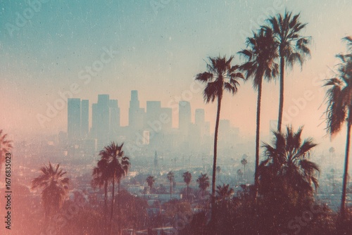 Palm trees frame a hazy Los Angeles skyline
