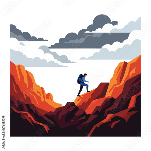 The Ascent: An illustrated adventurer fearlessly climbs a majestic mountain, symbolizing ambition, adventure, and perseverance amidst a breathtaking sky filled with dramatic clouds.