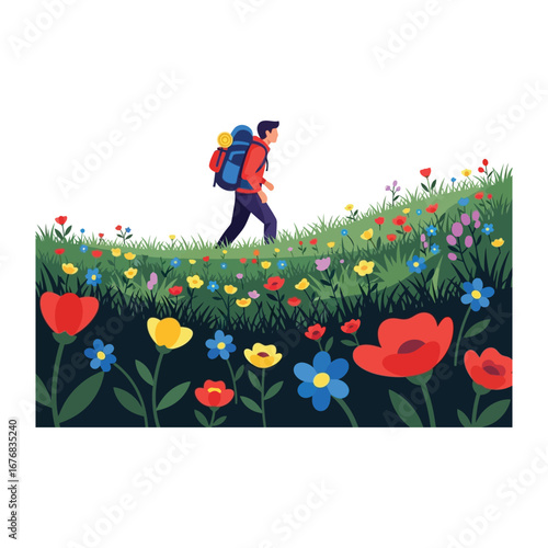 Nature Explorer's Journey: A determined hiker embarks on a floral path. The backpacker, surrounded by diverse colorful blossoms, is an illustration of human connection with nature.