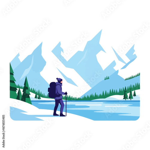 Adventure in the mountains: A lone adventurer stands on the snowy shores of a vast lake, gazing at towering peaks, epitomizing a sense of accomplishment, adventure.