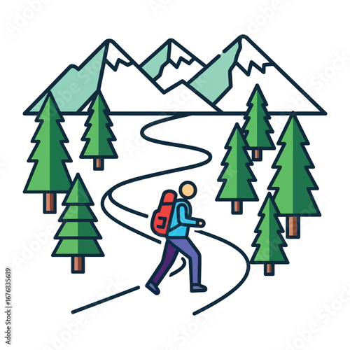 Embark on Adventure: A stylized image captures a solitary figure on a mountain trail, embodying the spirit of exploration and adventure, with mountains, trees, and nature.