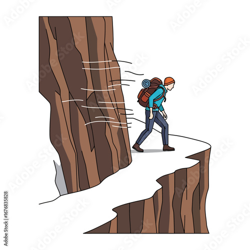 Adventures on the Cliff: A lone hiker, braving a narrow precipice, confronts the elements with determination. With a full backpack and a steady pace, he pushes forward.