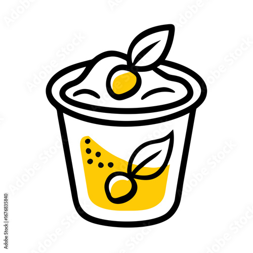 Yellow dessert cup with cream and olives on white background  