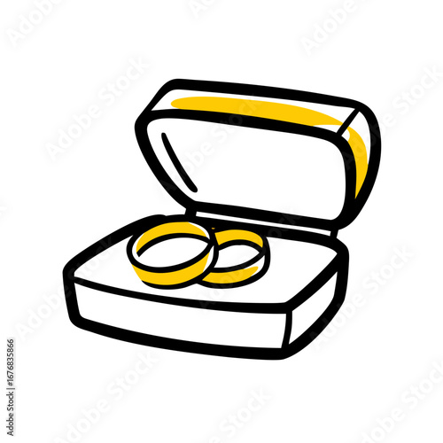 Open ring box with two golden wedding rings inside  