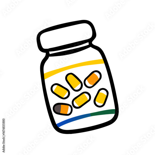 Medicine bottle with colored capsules in cartoon style  