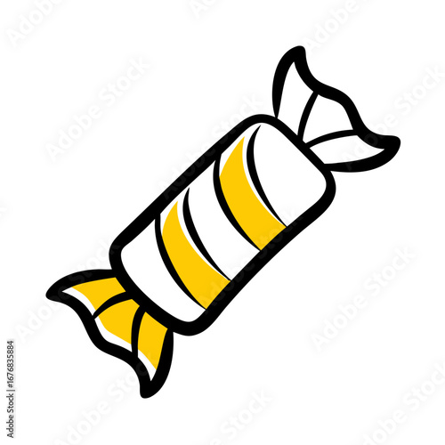 Wrapped candy with yellow stripes on white background  