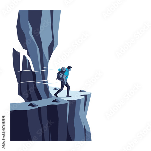 Conquering the Heights: A solitary figure navigates the edge of a formidable cliff, embodying the spirit of human endeavor and the courage required to explore the unknown.