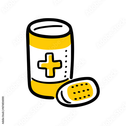 Pill bottle with capsule in cartoon style illustration  