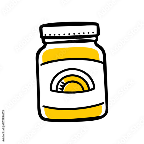 Jar of yellow condiment with simple label design  