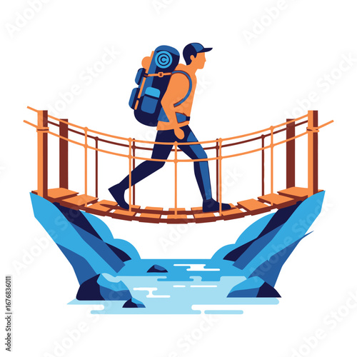 Adventurer's Ascent: An illustrated portrayal of a determined individual fearlessly navigating a suspension bridge.