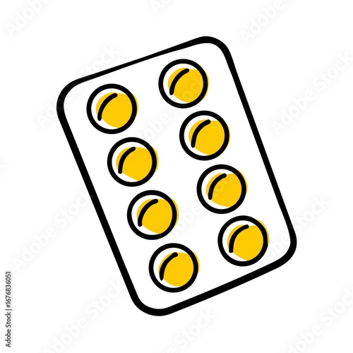 Yellow pills in blister pack on white background  