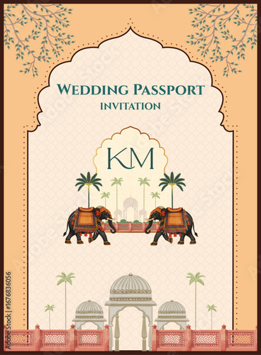 Elegant Indian wedding passport cover design with royal elephants, palace dome, floral motifs and traditional decorative frame. Perfect for luxury wedding invitation and destination wedding theme.