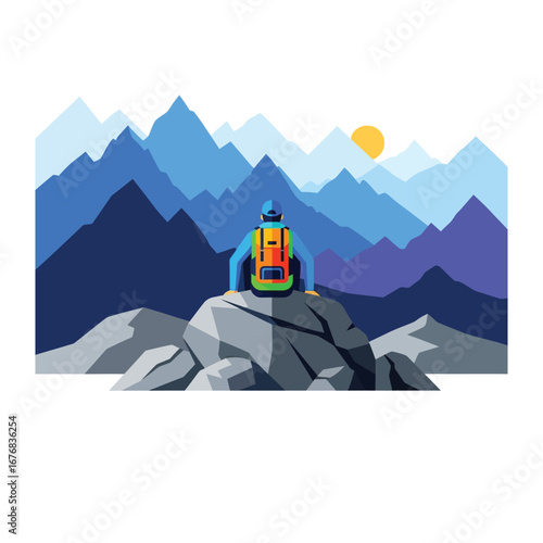 Adventure's Vantage Point: A solitary hiker takes in a breathtaking mountain vista, a vibrant sun casting its golden rays across the layered peaks.