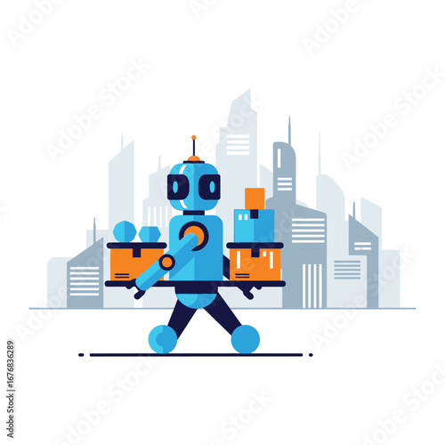 Delivery Robot in Metropolis: A futuristic robot efficiently navigates a modern city, its mechanical arms laden with packages, symbolizing the innovation of autonomous delivery.