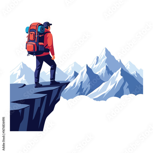 Adventure's Horizon: A lone backpacker stands atop a cliff, gazing at a majestic mountain range, symbolizing exploration and the thrill of discovery in nature's embrace. 