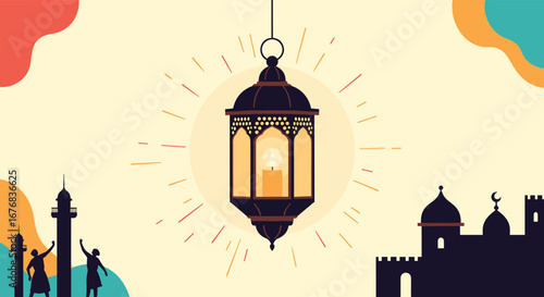Warm glowing lantern illuminates silhouetted mosques during peaceful Ramadan celebration at dusk
