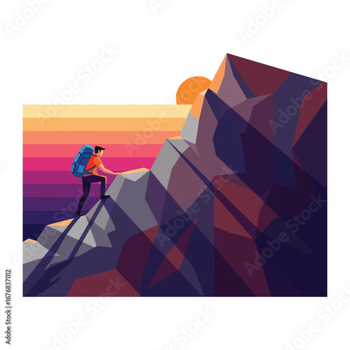 Ascending to the Summit: An adventurous individual fearlessly conquers a rugged mountain, bathed in the warm hues of the rising sun, symbolizing perseverance and triumph.