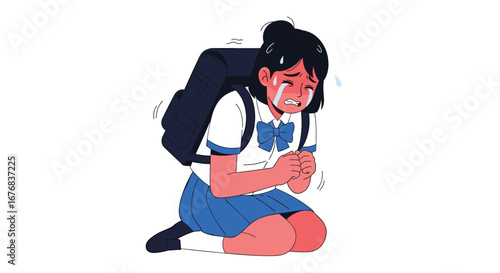 Upset schoolgirl crying with backpack after class in blue uniform with sad expression