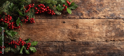 Christmas-themed image with greenery and red berries on rustic wood