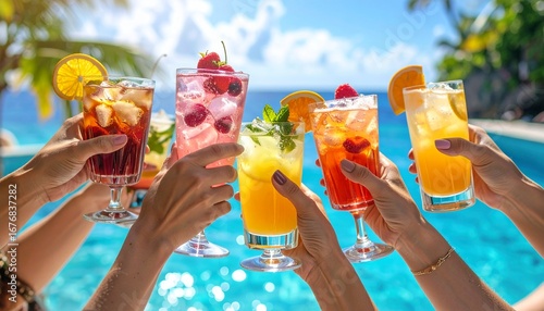 Summer celebration: multiple hands raising an assortment of brightly colored alcoholic and non-alcoholic drinks for a toast, with a hint of a pool or ocean in the background