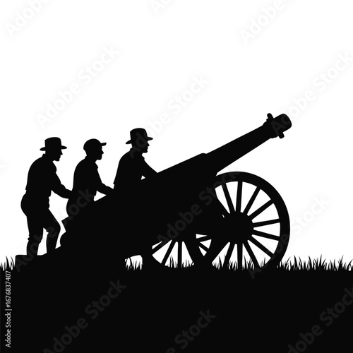 Three men in silhouette operating a large cannon on grassy ground