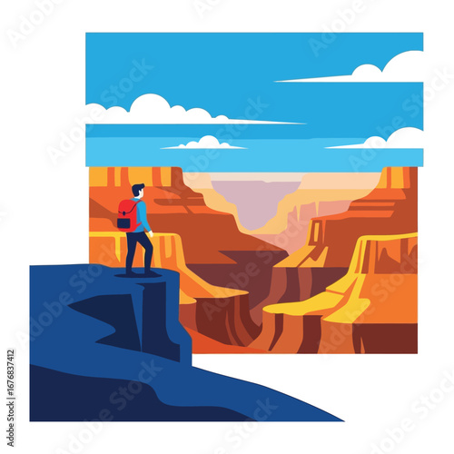 Awe-Inspiring Vista: A lone traveler stands on the precipice of a vast canyon, the scene vividly brought to life in a stylized, illustrative rendering of adventure and exploration.