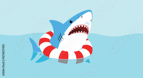 Cartoon shark swimming safely with a life preserver in clear blue water, summer fun illustration