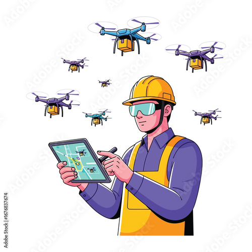 Drone Logistics Supervisor: A supervisor in safety gear, using a digital tablet to oversee a fleet of delivery drones, symbolizing technological advancement in the logistics sector.