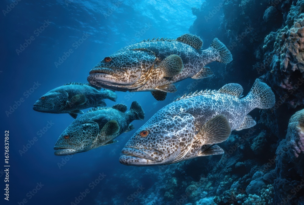 Fototapeta premium Underwater Scene Featuring Multiple Fish Swimming Near Coral Reef in Clear Ocean Water