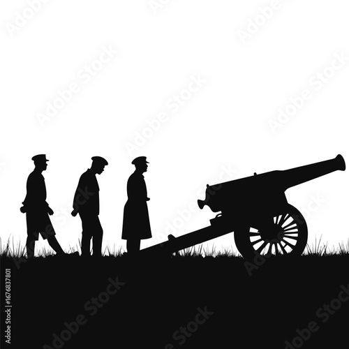 Three soldiers in silhouette approach a cannon on grassy field
