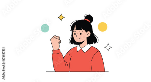 Confident young woman celebrating success with a fist pump and bright colors in modern minimalist style
