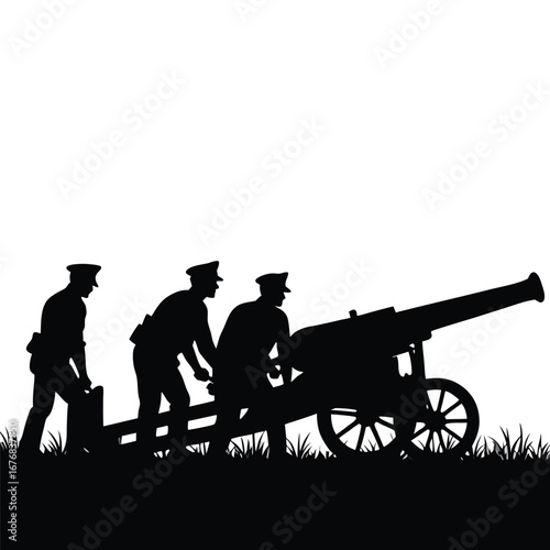 Three soldiers in silhouette loading a cannon artillery