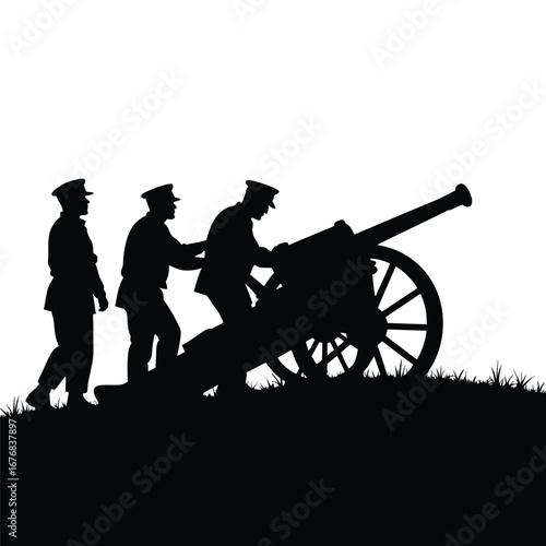 Three soldiers in silhouette operating a cannon army