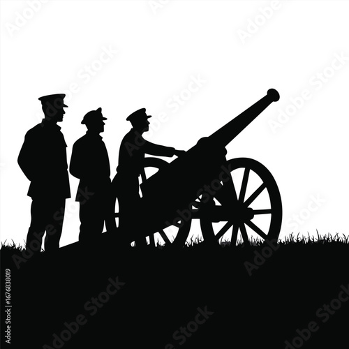 Three soldiers in silhouette operating a cannon military 4