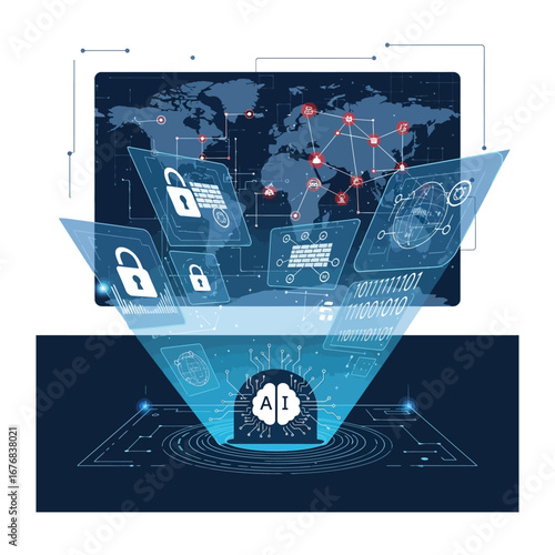 Digital Defense: An abstract representation of cybersecurity, highlighting network security and artificial intelligence to protect digital data against potential threats. 