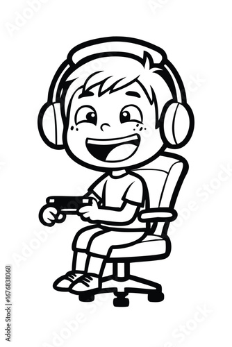 Cute Kid Gamer Coloring Page. Cartoon Child Playing Video Games with Controller
