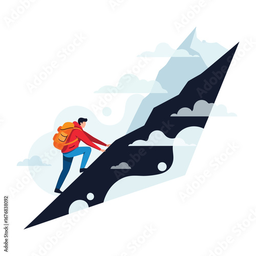 Ascending to New Heights: A determined individual, clad in a vibrant orange jacket and backpack, fearlessly tackles a steep mountain.