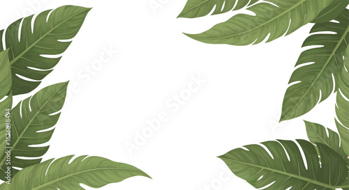 A vibrant green tropical leaf border elegantly frames a clean white background, ideal for summer invitations, sale promotions, or botanical designs.